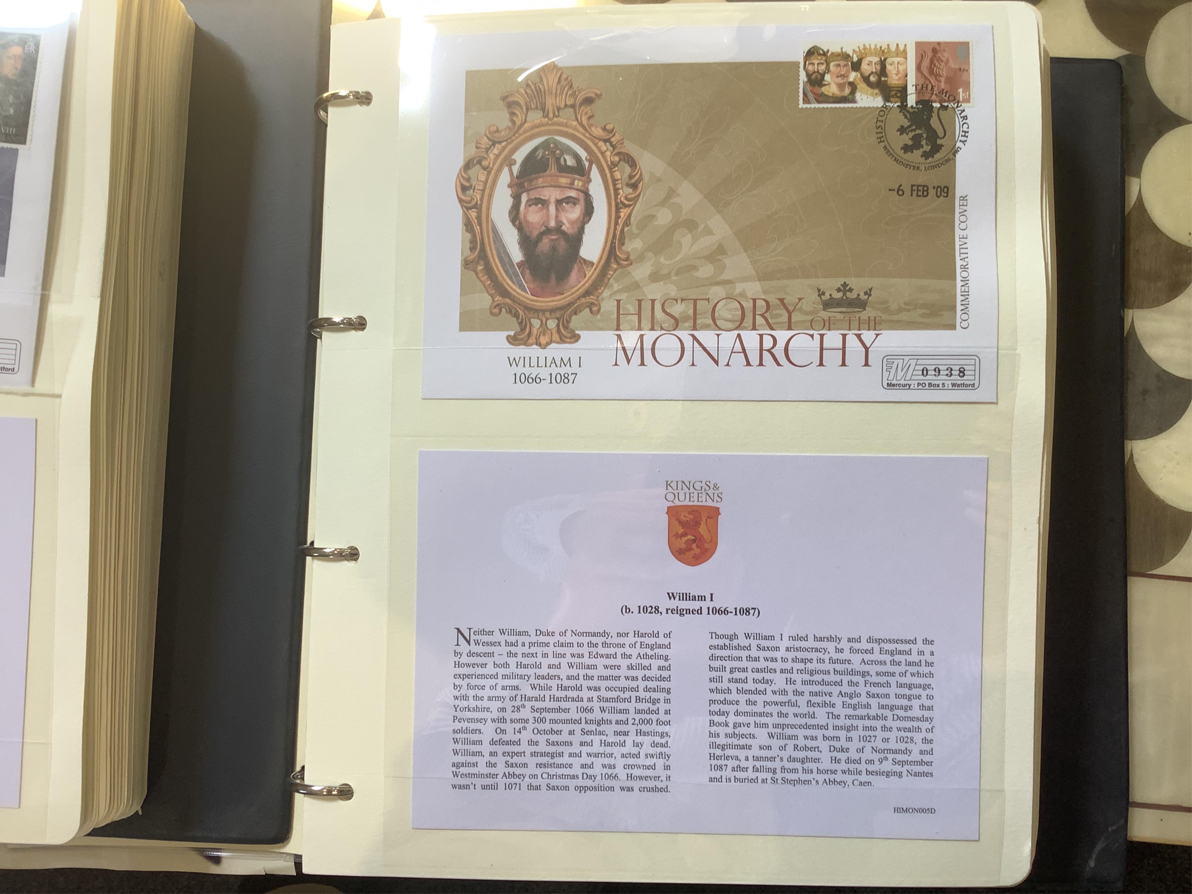 Westminster Stamps Collection, History of the Monarchy, Silk Cover Collection, first day cover and coin cover collection, three albums